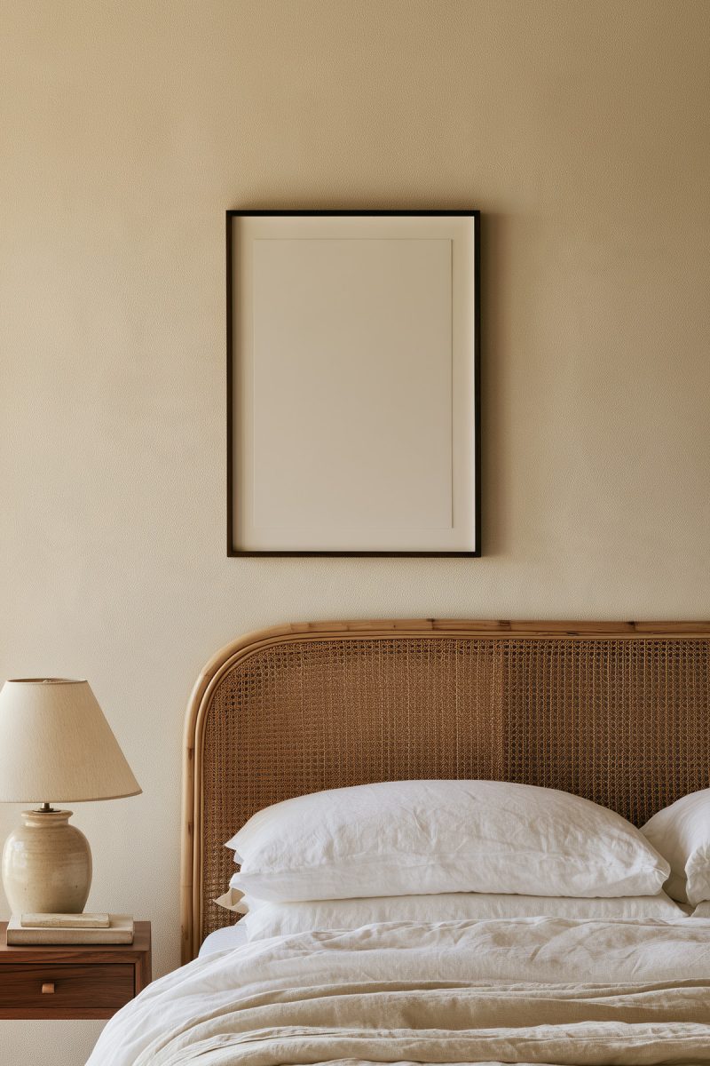 L'affiche encadrée au-dessus d'une tête de lit en cannage, dans une chambre aux murs lin