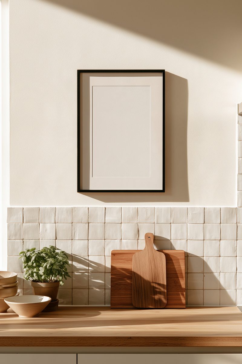 L'affiche encadrée sur le mur crème d'une cuisine, au-dessus du plan de travail en chêne