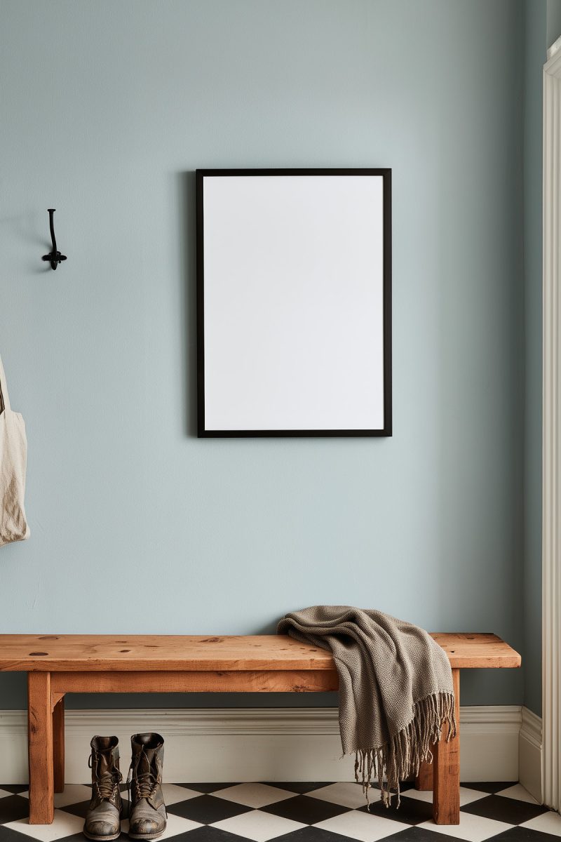 L'affiche encadrée sur le mur bleu-gris d'une entrée, au-dessus d'un banc en chêne